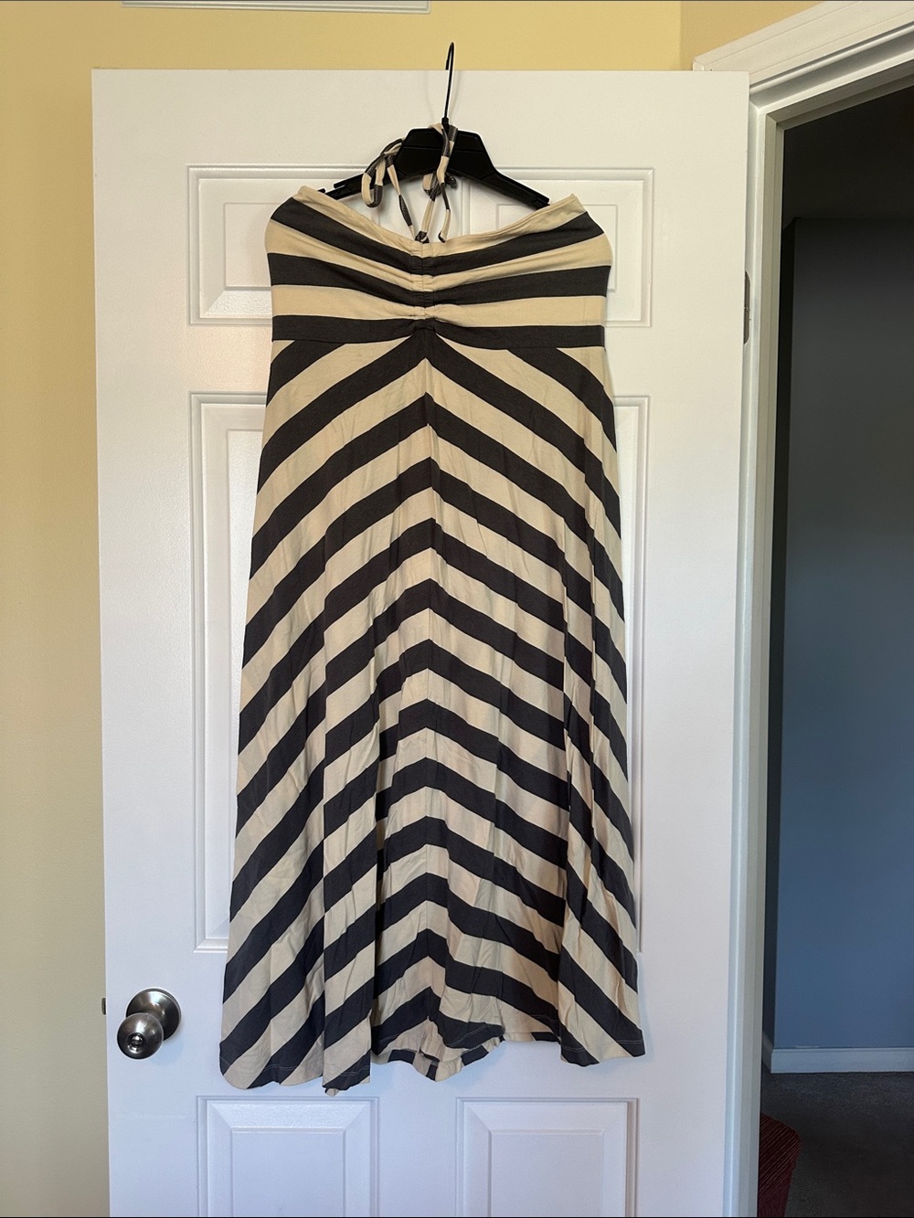 Striped Gray and Cream Halter Maxi Dress